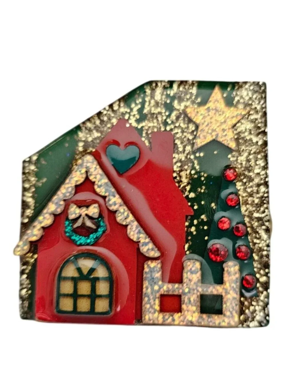 Lucinda Red House Christmas Tree Sparkle Star Pin J848